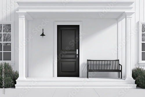 A dark door with a bench sits on a white porch under bright sun.