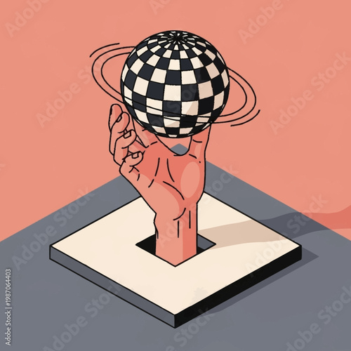 a hand holding a checkered globe.