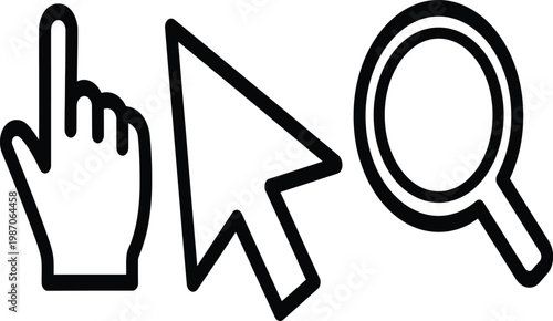 Hand cursor with magnifying glass digital interaction symbols