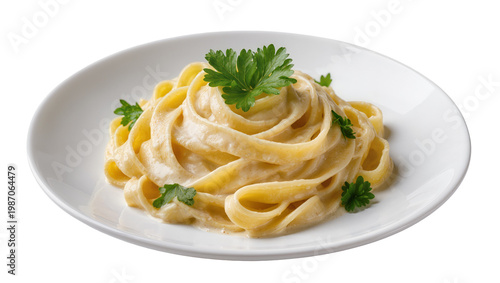Photos Creamy fettuccine alfredo pasta with fresh parsley garnish, isolated on transpar