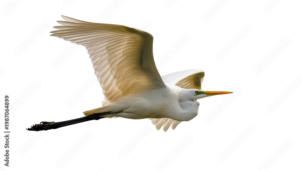 Fototapeta premium Great Egret bird with outstretched wings flying, isolated on transparent background