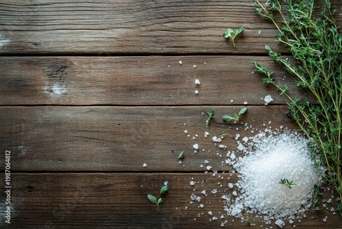 Rustic wooden table with coarse salt and herb sprigs, natural kitchen still life for cooking seasoning and food preparation
