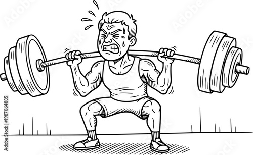 Standing muscular man lifting weights silhouette. Male bodybuilder icon. Weightlifter lifts big barbell, isolated vector silhouette. Weightlifting, bodybuilding. Fitness logo concept 
