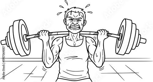 Standing muscular man lifting weights silhouette. Male bodybuilder icon. Weightlifter lifts big barbell, isolated vector silhouette. Weightlifting, bodybuilding. Fitness logo concept 
