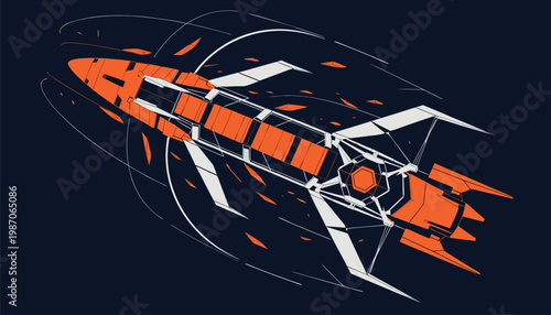 3D render of advanced missile rotating on dark background with reflections, product showcase