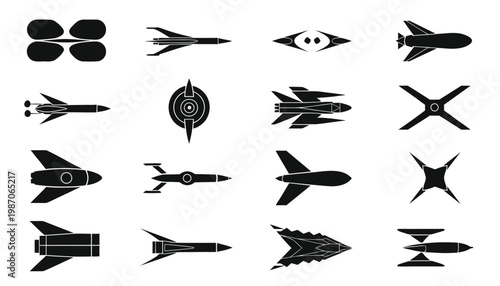 Vector set of airplane icons and bird silhouettes featuring flying wings and jet planes in a black art style for nature or travel design