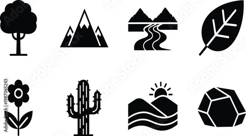 Nature icons set mountains trees desert and floral elements