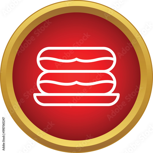 Stacked eclairs in simple outline style inside a red circle with gold border