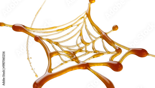 Photography Intricate spun sugar spider web with glossy amber strands, isolated on transpare