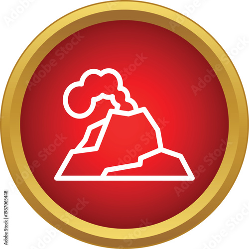 Volcano erupting smoke graphic outlined in white on a bold red circular button