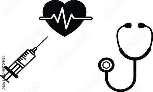 Medical icons heartbeat syringe stethoscope and blood pressure monitor