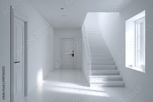 Bright white interior hallway with stairs and doors leads to natural light.