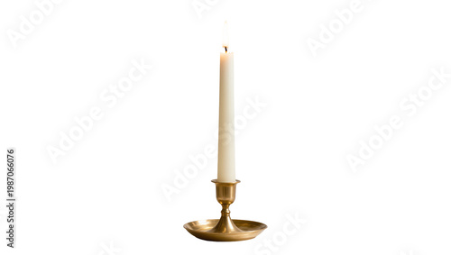Tall cream candle burning with a small flame in a brass candlestick holder, isolated on transparent background