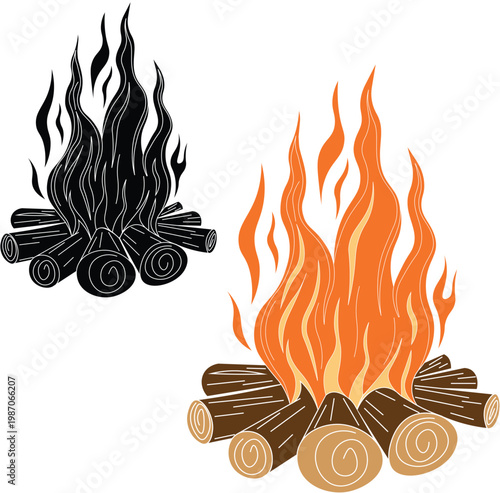 Vector illustration of a huge campfire with flames blazing high. Firewood vector.