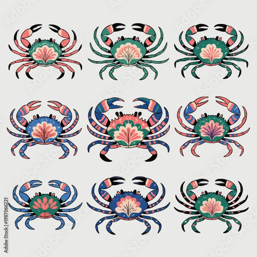 9 Decorative Folk Art Crab Illustrations - Scalloped Shell Sea Life Icon Set