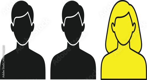Three female portraits black silhouette and golden yellow illustration