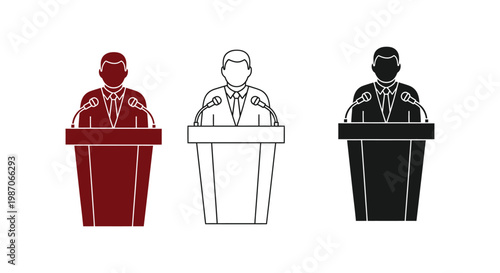 Podium icon set with three suited speakers in different colors giving presentations