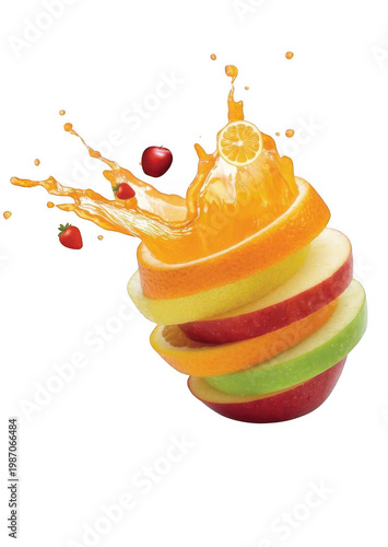 Fresh fruit slices stacked with juice splashing on top in kitchen