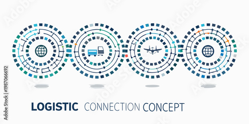 Logistics and global transportation concept with interconnected circular diagrams
