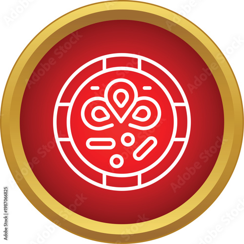 Outline pizza icon with a location pin on a round red background