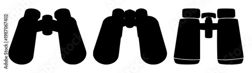 Binoculars icon set with solid black design on white background featuring binoculars, magnification, navigation with vector and illustration