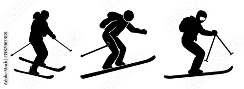 Skiing icon set with a simple solid black silhouette on white background featuring skiing, winter sports, outdoor activity with iconography and design