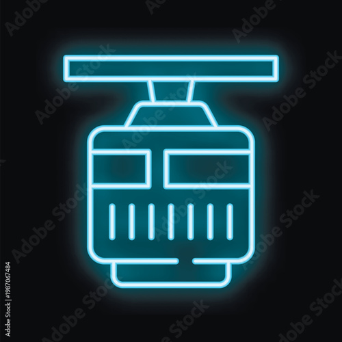 Blue neon icon of a cable car glowing against a dark background