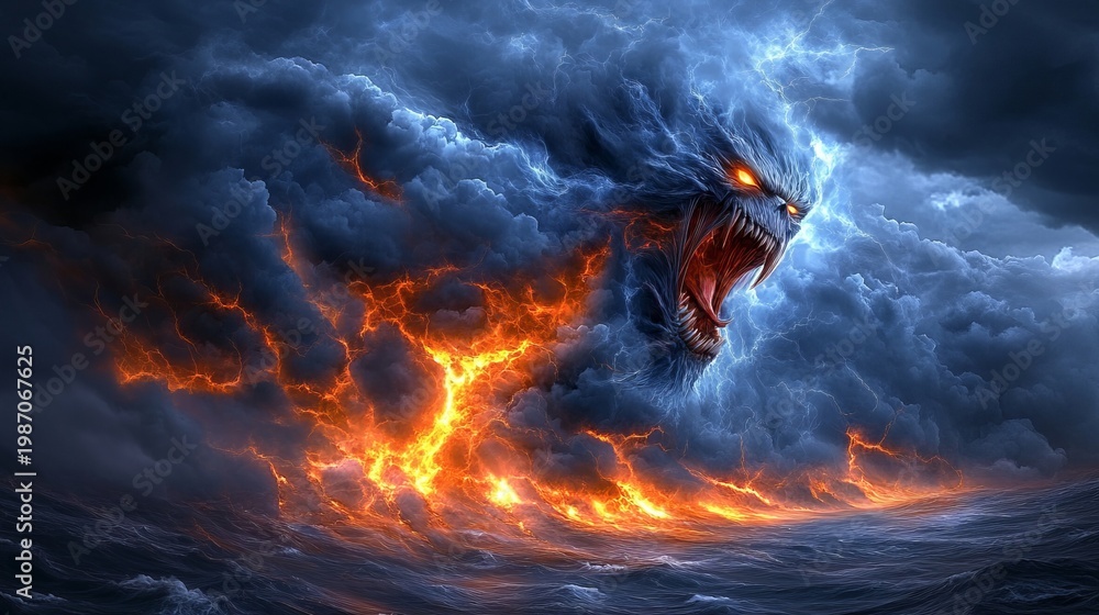Fototapeta premium Enraged Phantom Emerges from Chaotic Storm Clouds over Turbulent Sea, Unleashing Fiery Chaos