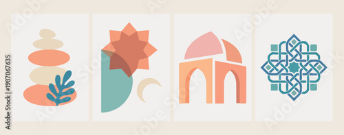 Abstract sun and desert architecture, modern geometric oriental building graphics, terracotta aesthetic middle eastern shapes, minimalist travel and culture illustration, sunburst and arched doorway v