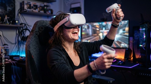 Ultra-realistic image of a person reacting with excitement while using a VR headset, subtle motion blur on hands, expressive body language, dramatic lighting, high dynamic range