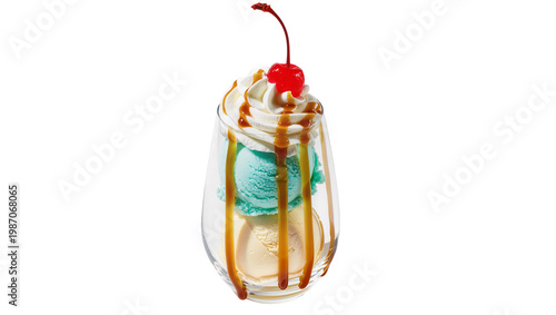 фотографія Tall glass sundae with vanilla and blue ice cream whipped cream caramel sauce an