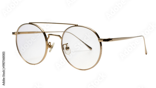 Thin gold metal aviator eyeglasses with clear lenses, isolated on transparent background