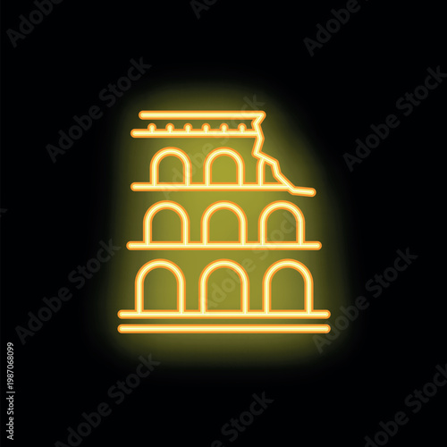 Glowing neon yellow colosseum with arches and broken wall on black background