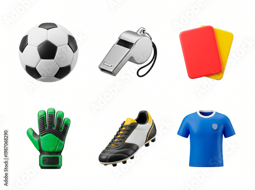 Soccer essentials, including a ball, whistle, cards, gloves, shoes, and a jersey, laid out for a game