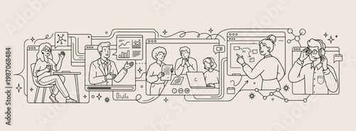 Office work and technology vector illustration, hand drawn business collaboration line art, digital lifestyle meeting sketch, remote working people drawing, modern workplace design elements, corporate