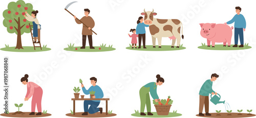 Cartoon people farming, gardening, planting, harvesting, and caring for animals in agriculture lifestyle vector illustration
