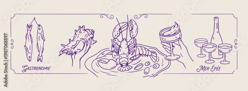 Seafood stamp and label vector collection, hand drawn marine produce line art, vintage restaurant packaging sketch, coastal market branding illustration, fish and shellfish badge drawing, traditional 