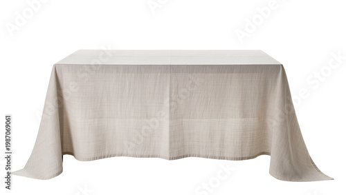 фотографія Rectangular table covered with a beige linen tablecloth, isolated on transparent