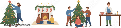 Christmas holiday illustration with decorating tree, fireplace gathering, cooking, and festive family celebration in vector design