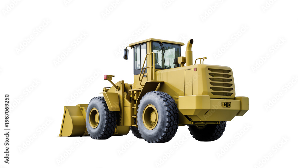 Fototapeta premium Yellow heavy-duty wheel loader with large bucket and tires, isolated on transparent background