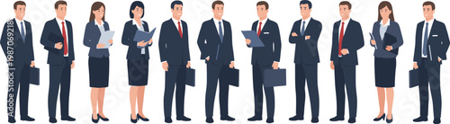 Business professionals in formal suits holding briefcases and documents representing corporate teamwork vector illustration