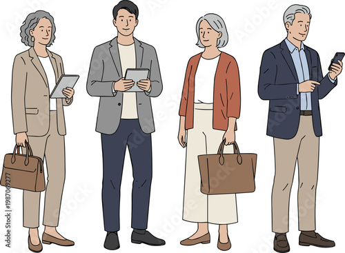 Cartoon business‑casual people using tablets, smartphones, and stylus representing modern workplace technology in vector illustration