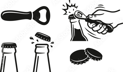 Bottle Opener and Beer Bottle Cap Illustration Set