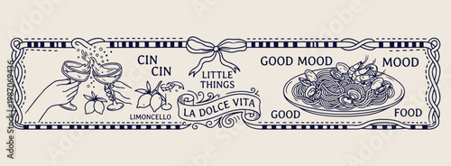 Dolce vita typography ribbon vector design, hand drawn bow and banner ornament, italian quote aesthetic line art, vintage decorative label illustration, romantic calligraphy lifestyle drawing, elegant