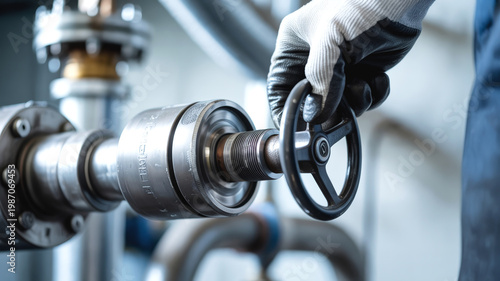 Worker hand operating industrial valve on pipeline with control wheel