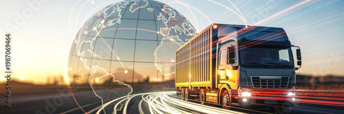 Cargo truck driving on highway with global network overlay and digital connections, Concept of smart logistics, supply chain and global transportation