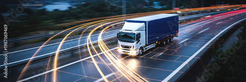 Delivery truck driving on highway with light trails showing fast logistics and transportation. Concept of shipping, speed and supply chain