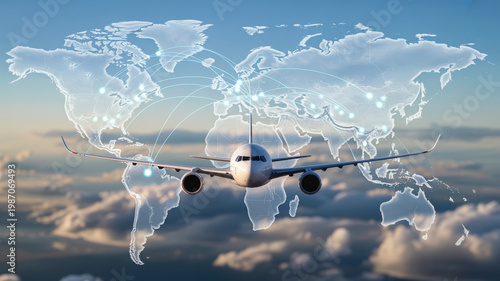 Airplane flying above clouds with global network connections and digital world map overlay