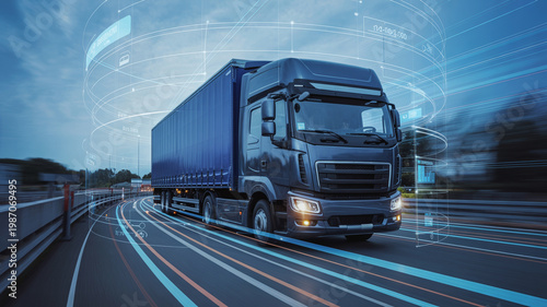 Cargo truck driving on highway with holographic tracking lines and digital data overlay