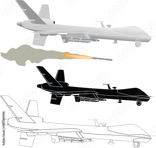 Side view of an airborne unmanned aerial vehicle firing missiles vector illustration. UAV Combat drone firing missiles vector. Silhouette of a drone.